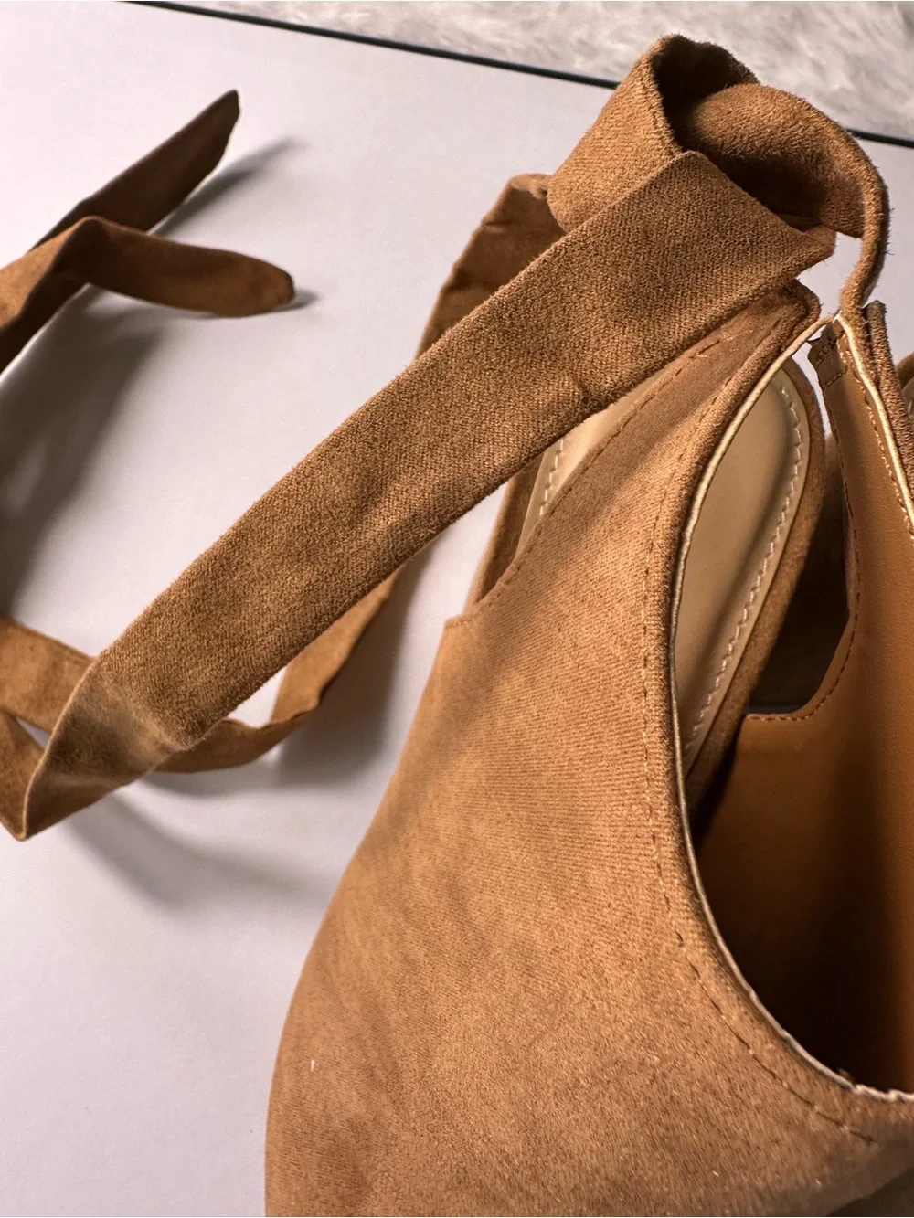 JustFab Tan Suede Peep-Toe Ankle Tie Mules - Picture 5 of 12
